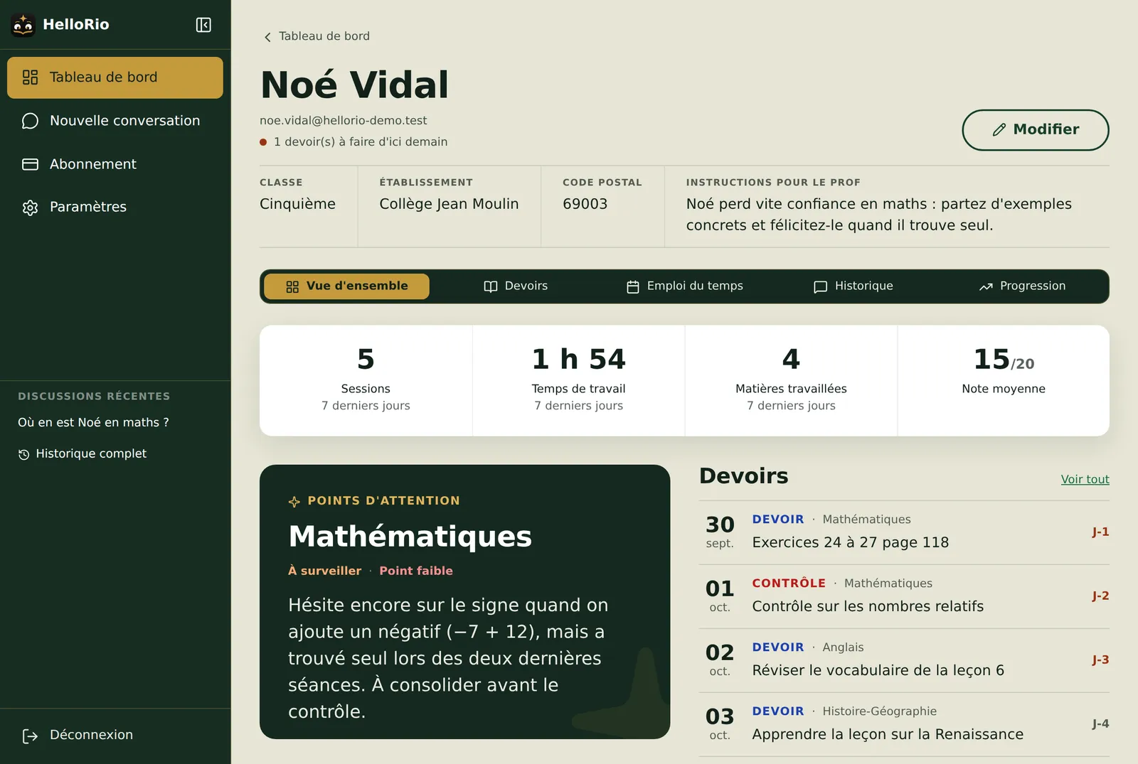 Fiche enfant de l'espace parent : temps de travail, note moyenne, point d'attention en mathématiques et niveau de maîtrise matière par matière.